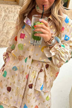 Fashionable Gold Stamping Unique Printing Lapel Long Sleeve Shirt and Elastic Waist Casual Pocket Shorts Set