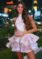 Blush Harmony - LayeRed Floral Halter Dress