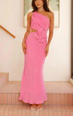 Bloom Summer 3d Flower Ruched One Shoulder Cutout Maxi Dress