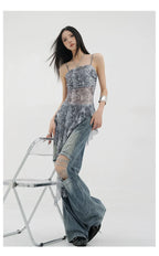 Vintage Distressed And Dirt-Dyed Patchwork Wide-Leg Jeans