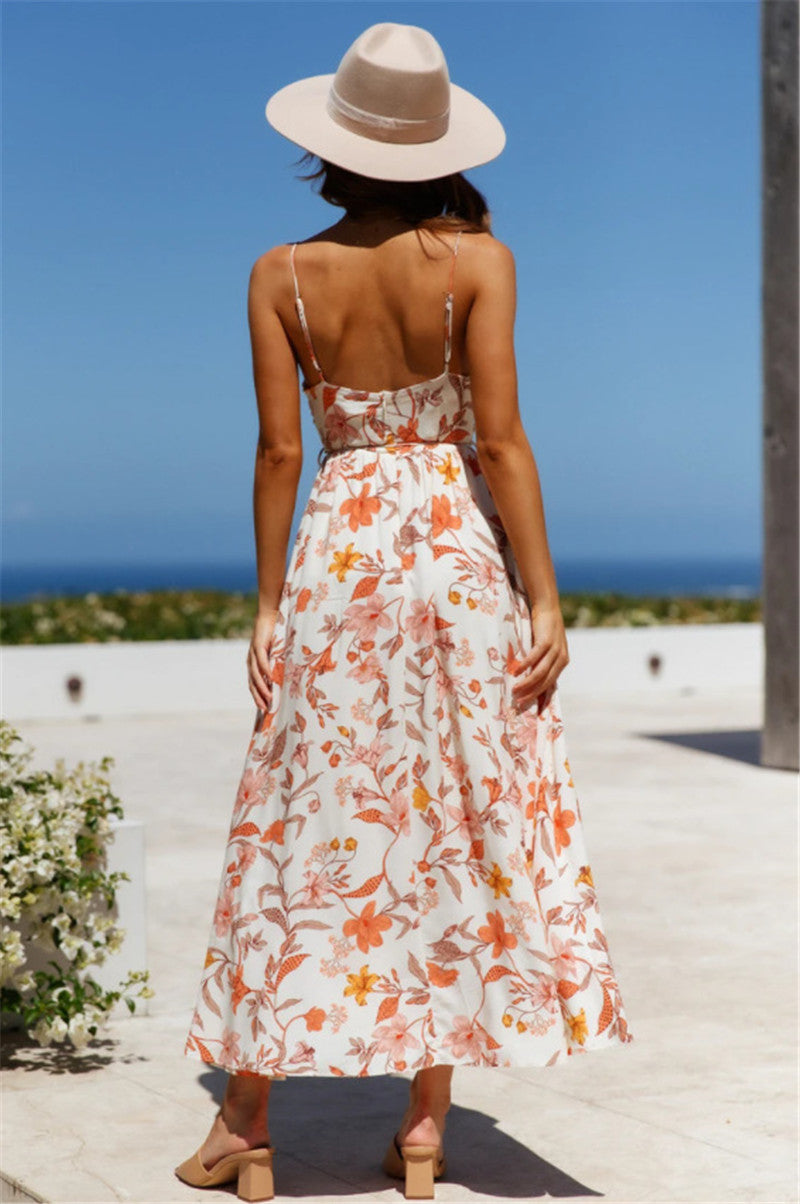 Uzma Floral Smocked Tie Maxi Dress Coral Pink