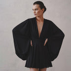 French Puff Sleeve High Waist Dress V Neck Abdomen Control Black Short Dress
