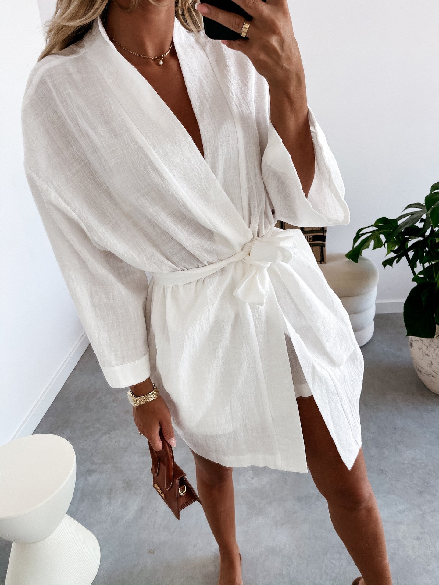Penni Satin Balloon Sleeve Wrap Dress Ivory