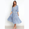 Floral Fresh Sweet Mid - Sleeve V neck Dress