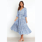 Floral Fresh Sweet Mid - Sleeve V neck Dress