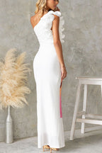 Floral Print One-shoulder Fitted Mesh Maxi Dress