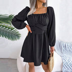French Intellectual Square Collar Dress Pleated Waist Tight Slimming High Grade