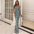 Elegant Sequined Evening Dress for Geometric Abstract Pattern Strap Dress for Prom Formal Gown