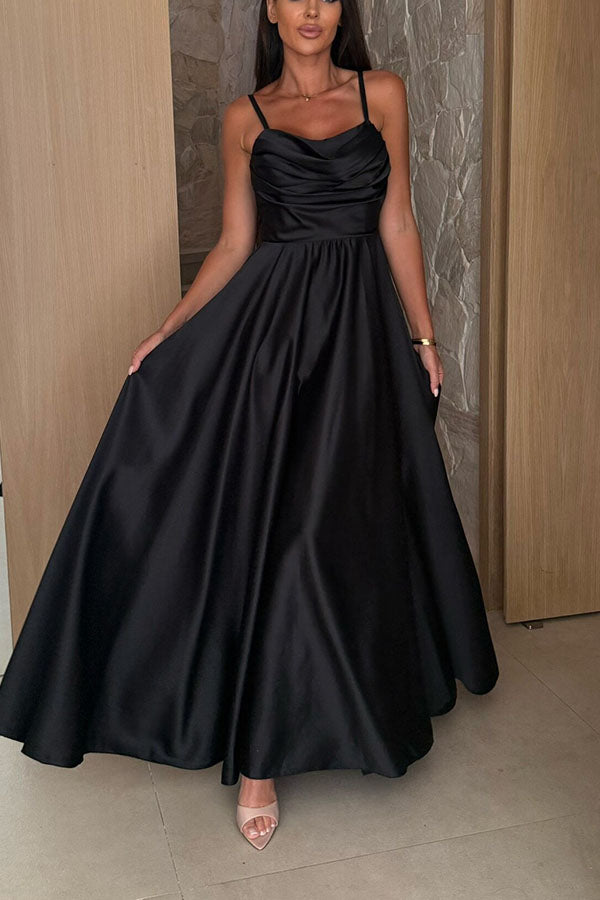 Solid Color Suspender Back Pleated Elegant Slit Full Hem Maxi Dress