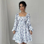 Karen Aesthetic Women's Floral Dress with Balloon Sleeves and Gathered Waistband Premium Wardrobe Essential