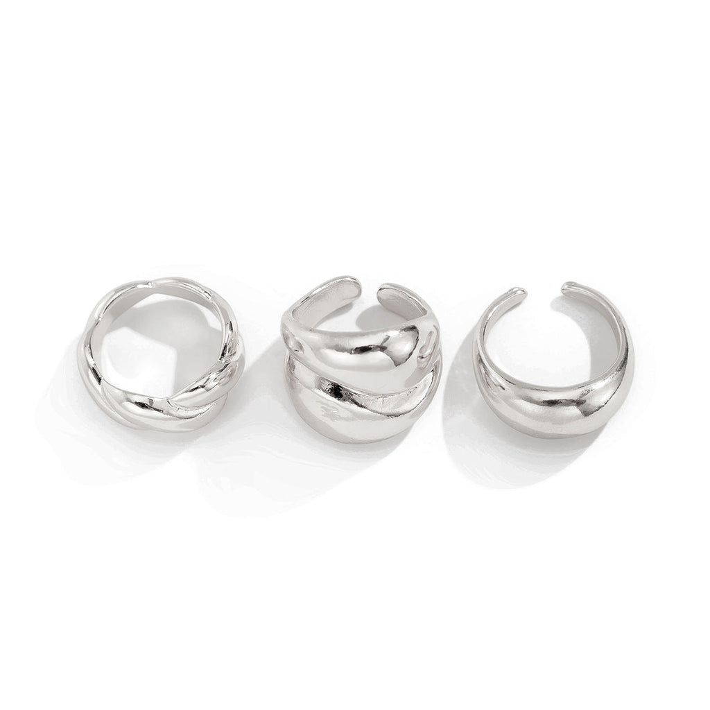3-Piece Polished Liquid Metal Textured Band Ring Set