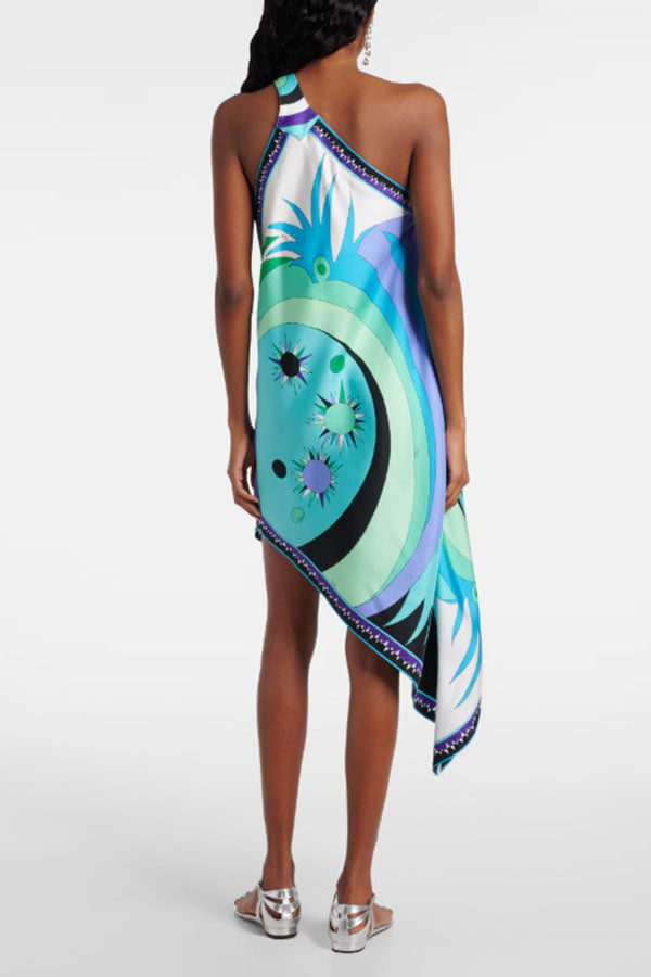 Naughty Lady Satin Unique Print One Shoulder Irregular Hem Vacation Midi Dress