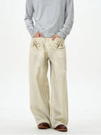 Embroidered Cream Wide Leg Pants