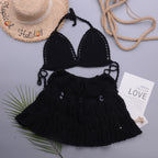 Hollowed out Lotus Bud Short Skirt Split Hand Woven Beach Swimsuit Vacation Two Piece Sets