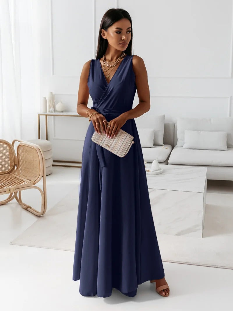 Guillermina Aesthetic Women's Solid Color V Neck Long Dress Boutique Collection