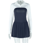 Solid Color Stitching Contrast Color Cardigan Shirt Collared Faux Two Pieces Dress Tide Dress
