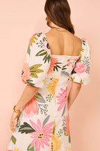 Embrace The Glamour Linen Blend Unique Print Puff Sleeve Pocketed Maxi Dress