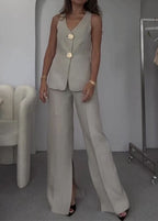 Valette Wide-Leg Set – Statement Button Vest & Linen Blend Trousers