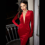French Deep V Plunge Tight Waist Velvet Light Luxury Dress Fishtail Sheath Dress with Gloves