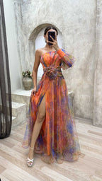 Elegant and beautiful chiffon floral pleated single shoulder sleeve slit long skirt for family