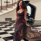 Suspenders Slim Retro Floral Print Slit Sheath Elegant Dress