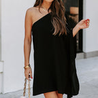 Sonja One Shoulder Asymmetrical Midi Dress Black FINAL
