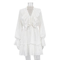 V neck Pleating Bell Sleeve Ruffled White Dress Design Petti dress