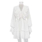 V neck Pleating Bell Sleeve Ruffled White Dress Design Petti dress
