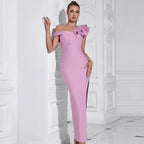 Solid Color Slim Fit Oblique Shoulder Dress Side Slit Elegant Bandage Dress