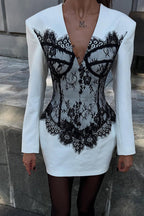 Saela Contrast Lace Corset Design V-neck Long Sleeve Tulip Mini Dress