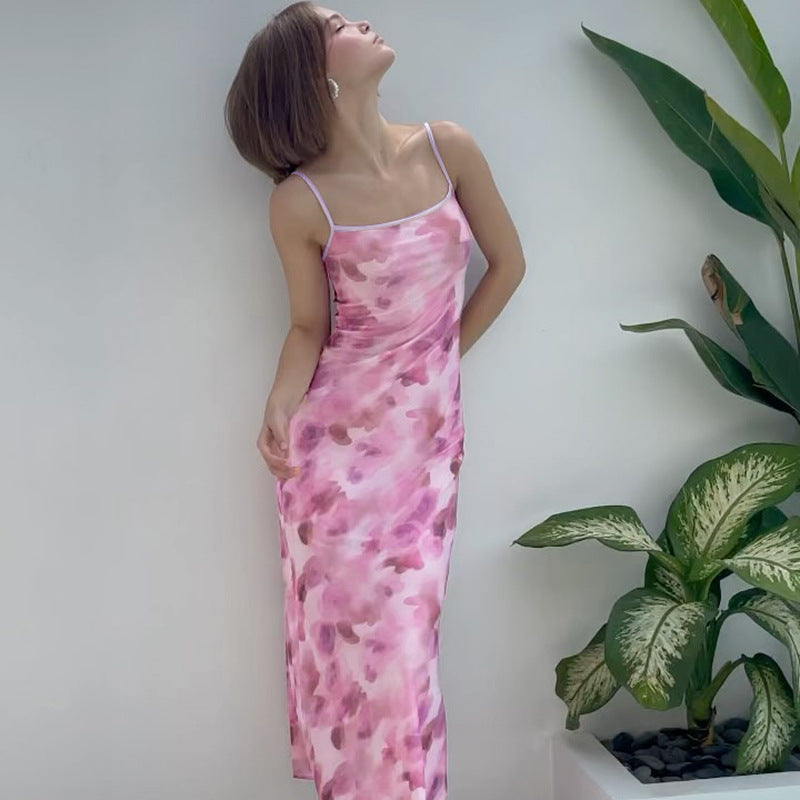 Spaghetti Strap Floral Print Slim Fit Dress Hip