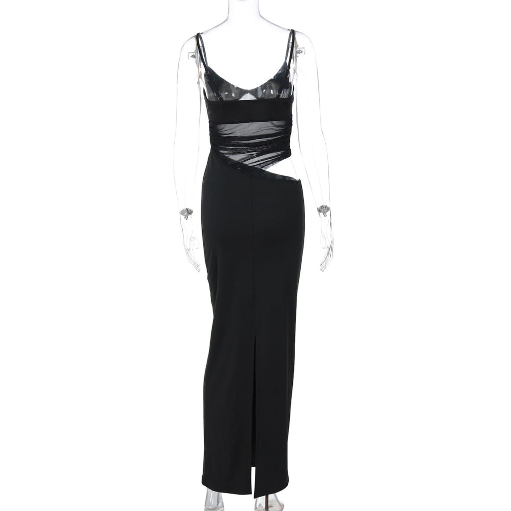 Patchwork Slit Mesh See through Sling Dress