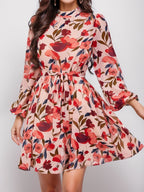 Nerea Timeless Women's Floral Print Dress with Waist Belt and Long Sleeves Evening Wear Edit