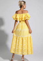 Soleia Ruffle Off-Shoulder Dress – EmbroideRed Boho Midi