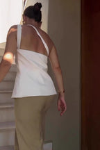 Full of Design Solid Color One Shoulder Asymmetric Slit Button Casual Vest
