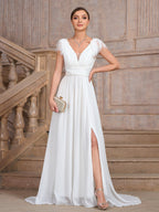 Solid Color V neck Backless Velvet Collar Chiffon Split Elegant Slim Fit Cocktail Evening Dresses