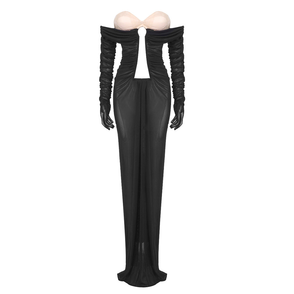 Black Apricot Hollow Out Cutout Pleated Mesh Tube Top Dress