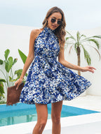 Taina Floral Tiered Halter Dress Blue