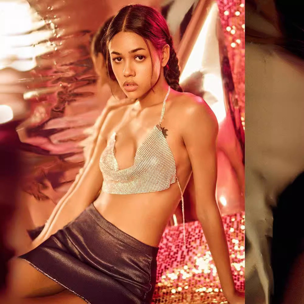 Evening Alluring Silver Metallic Halter Top