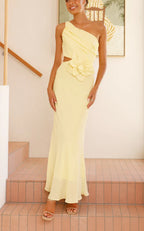 Bloom Summer 3d Flower Ruched One Shoulder Cutout Maxi Dress