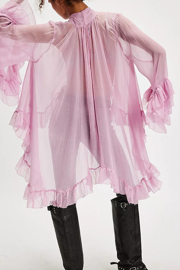 Flowy See-through Ruffle Tie-up Neck Bell Sleeve High-low Hem Cape Shirt