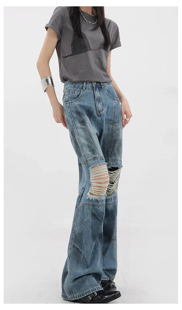 Vintage Distressed And Dirt-Dyed Patchwork Wide-Leg Jeans