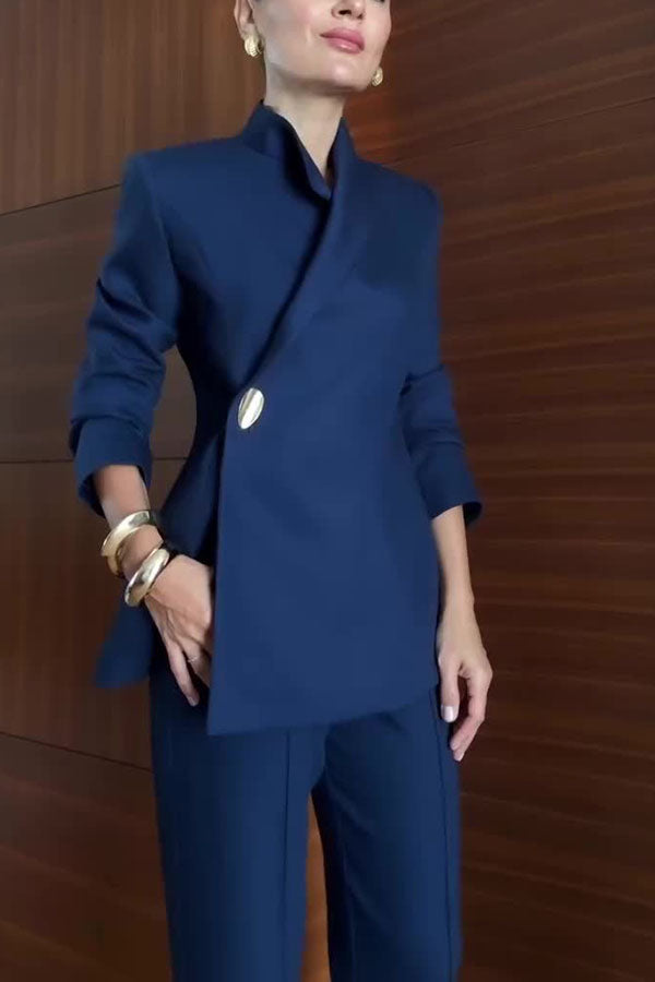 Elegant Women’s Navy Blue Pantsuit – Slim Fit Blazer with Asymmetric Button and Tailored Trousers for Business Office Wear