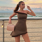 Diagonal Collar Contrast Color Sleeveless High Waist Dress