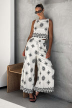 Unique Printed Round Neck Sleeveless Button Top and Elastic Waist Pocket Wide Leg Pants Set