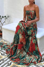 Vacay Vibes Colorful Lava Print Off Shoulder Smocked Scarf Maxi Dress