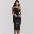 Faux Leather Cami Dress Slim Fit Backless Lace up Hip Wrapped Mid Length Dress Split Dress