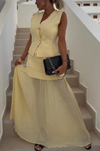 Stylish and Elegant Knit Spliced Tulle Elastic Waist Pleated Maxi Skirt