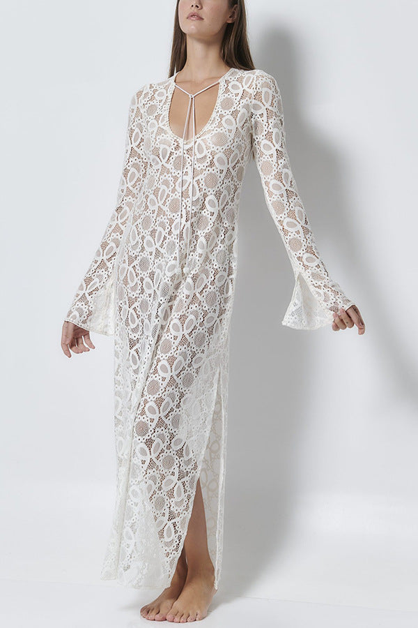 Women's Lace Lace White Lucky Flower Dress Long, Long Sleeve Sheer Tie INS Loose Holiday Split Dresses