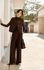 Herringbone Three-Piece Set â€?Vest, Blouse & Wide-Leg Pants